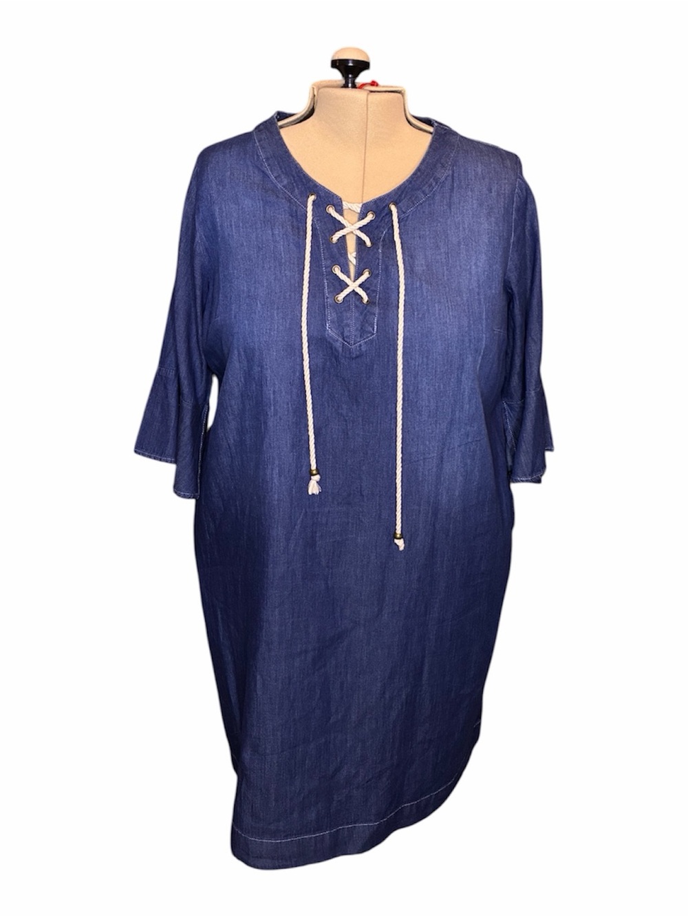 Denim Lace-Up Shift Dress in Deep Indigo